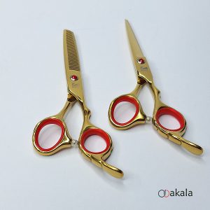 ست قیچی آرایشگری طلایی تم قرمز صیام فینی 6 اینچ پلاس
