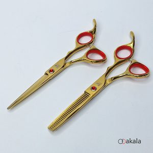 ست قیچی آرایشگری طلایی تم قرمز صیام فینی 6 اینچ پلاس