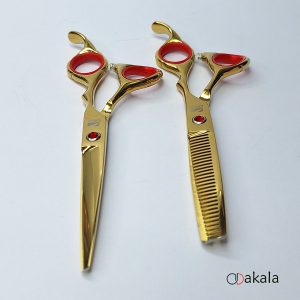 ست قیچی آرایشگری طلایی تم قرمز صیام فینی 6 اینچ پلاس