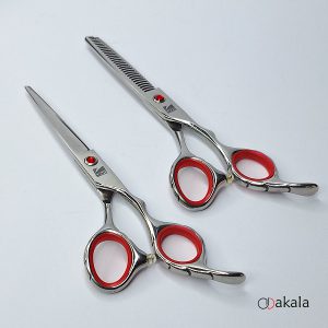 ست قیچی آرایشگری نقره ای تم قرمز بدون شیار صیام فینی 6 اینچ پلاس