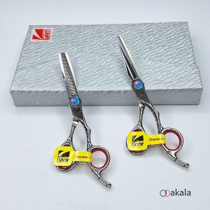 ست قیچی آرایشگری A-B60-23 صیام فینی نقره ای تم قرمز قدرتی 6 اینچ