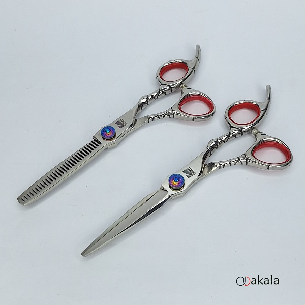 ست قیچی آرایشگری A-B60-23 صیام فینی نقره ای تم قرمز قدرتی 6 اینچ