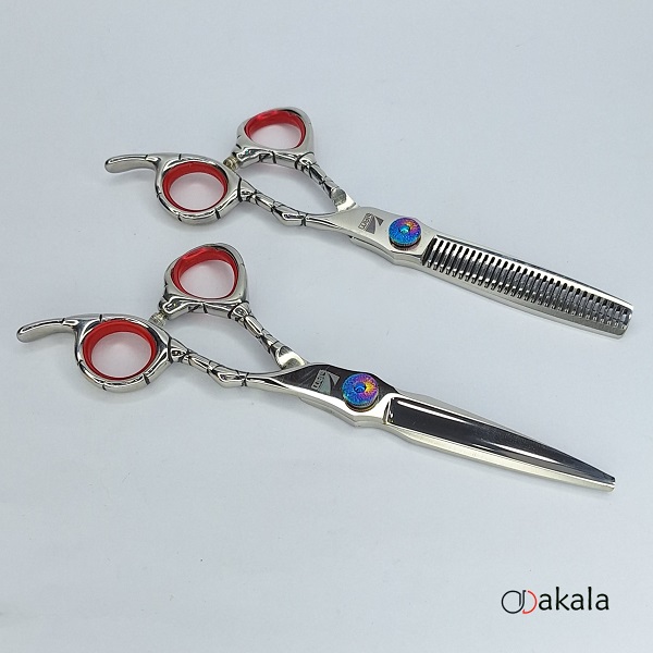ست قیچی آرایشگری A-B60-23 صیام فینی نقره ای تم قرمز قدرتی 6 اینچ