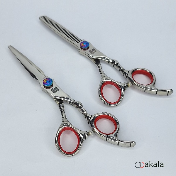 ست قیچی آرایشگری A-B60-23 صیام فینی نقره ای تم قرمز قدرتی 6 اینچ