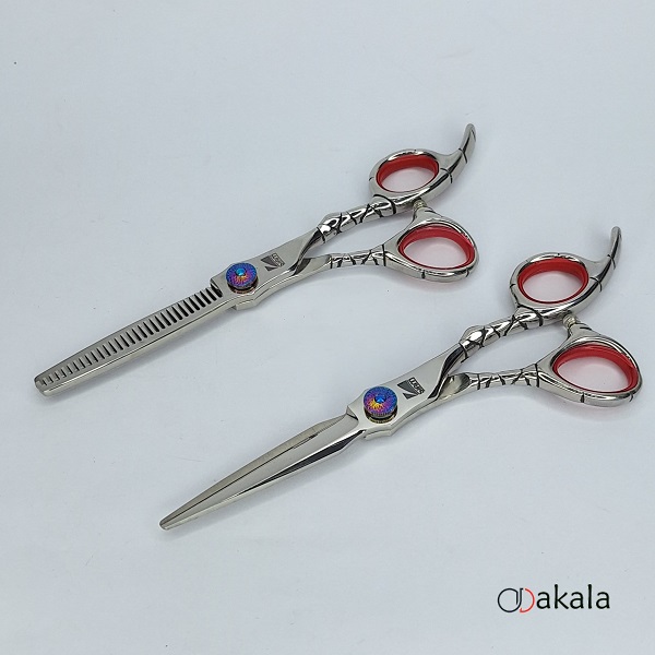 ست قیچی آرایشگری A-B60-23 صیام فینی نقره ای تم قرمز قدرتی 6 اینچ