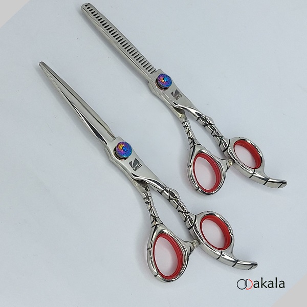 ست قیچی آرایشگری A-B60-23 صیام فینی نقره ای تم قرمز قدرتی 6 اینچ