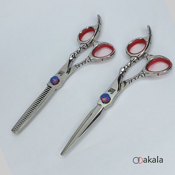 ست قیچی آرایشگری A-B60-23 صیام فینی نقره ای تم قرمز قدرتی 6 اینچ