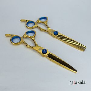 ست قیچی آرایشگری A-B60-19 صیام فینی طلایی تم آبی قدرتی 6 اینچ