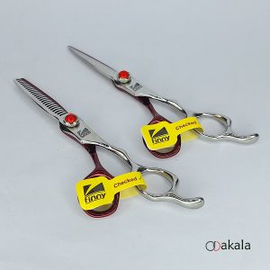 ست قیچی آرایشگری A-S60-21 صیام فینی نقره ای قرمز قدرتی 6 اینچ پیتاژ 3 دندانه