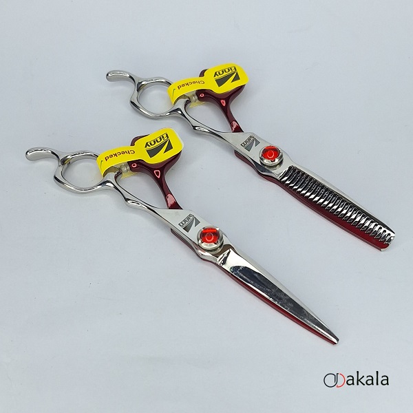 ست قیچی آرایشگری A-S60-21 صیام فینی نقره ای قرمز قدرتی 6 اینچ پیتاژ 3 دندانه