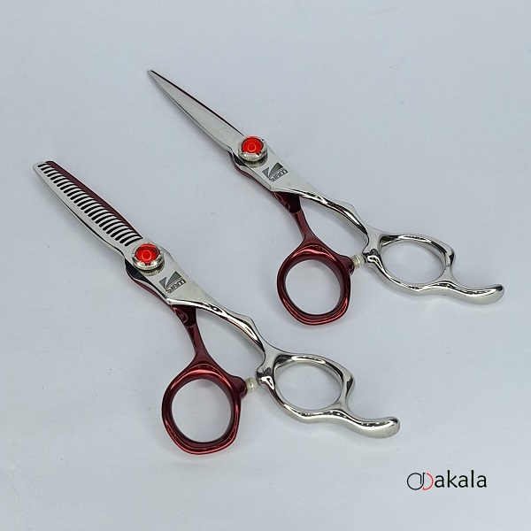 ست قیچی آرایشگری A-S60-21 صیام فینی نقره ای قرمز قدرتی 6 اینچ پیتاژ 3 دندانه