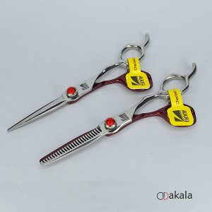 ست قیچی آرایشگری A-S60-21 صیام فینی نقره ای قرمز قدرتی 6 اینچ پیتاژ 3 دندانه