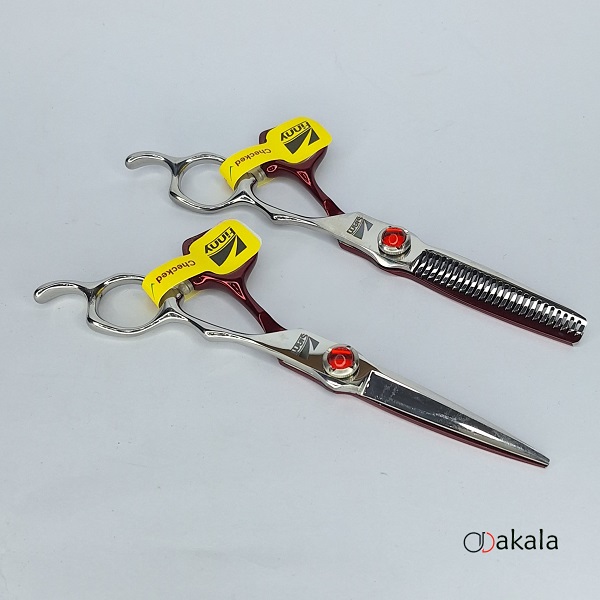 ست قیچی آرایشگری A-S60-21 صیام فینی نقره ای قرمز قدرتی 6 اینچ پیتاژ 3 دندانه