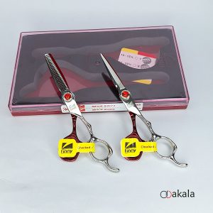 ست قیچی آرایشگری A-S60-21 صیام فینی نقره ای قرمز قدرتی 6 اینچ پیتاژ 3 دندانه