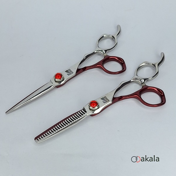 ست قیچی آرایشگری A-S60-21 صیام فینی نقره ای قرمز قدرتی 6 اینچ پیتاژ 3 دندانه