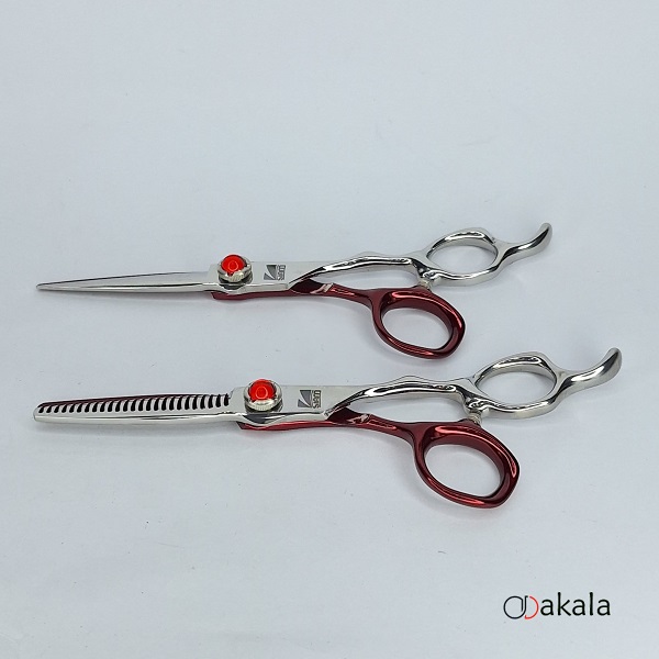ست قیچی آرایشگری A-S60-21 صیام فینی نقره ای قرمز قدرتی 6 اینچ پیتاژ 3 دندانه