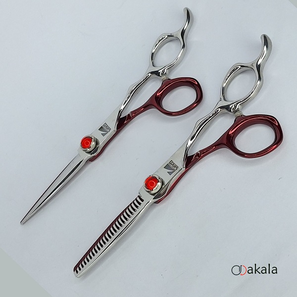 ست قیچی آرایشگری A-S60-21 صیام فینی نقره ای قرمز قدرتی 6 اینچ پیتاژ 3 دندانه