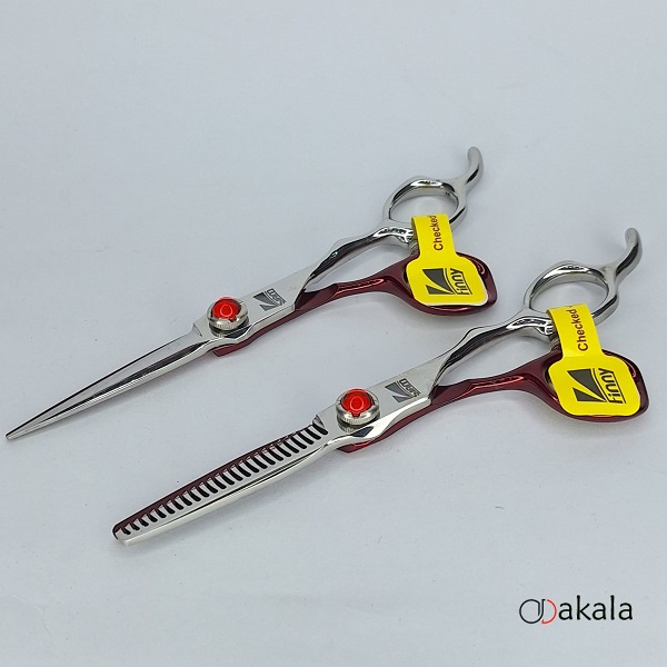 ست قیچی آرایشگری A-S60-21 صیام فینی نقره ای قرمز قدرتی 6 اینچ پیتاژ 3 دندانه