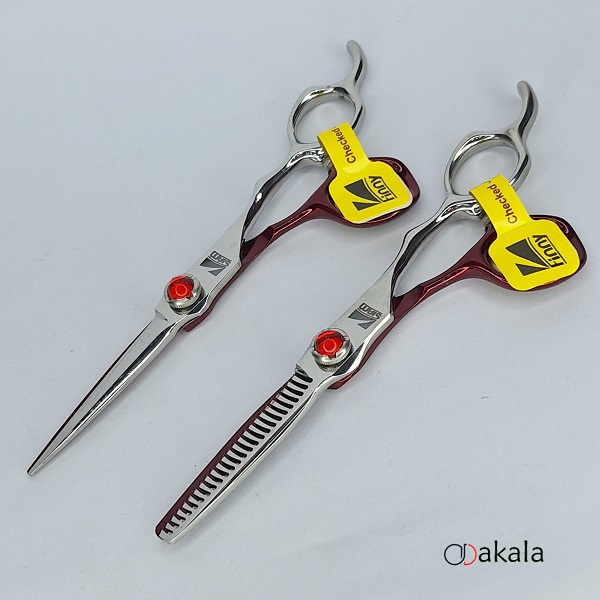 ست قیچی آرایشگری A-S60-21 صیام فینی نقره ای قرمز قدرتی 6 اینچ پیتاژ 3 دندانه