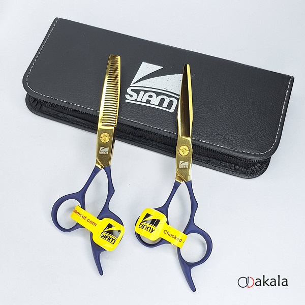 ست قیچی آرایشگری P-T60-3 دسته جیر آبی صیام فینی 6 اینچ بدون شیار