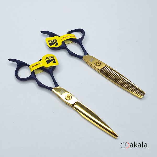 ست قیچی آرایشگری P-T60-3 دسته جیر آبی صیام فینی 6 اینچ بدون شیار