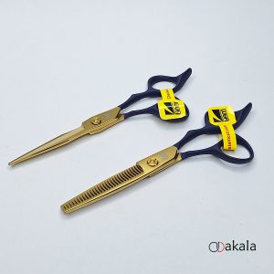 ست قیچی آرایشگری P-T60-3 دسته جیر آبی صیام فینی 6 اینچ بدون شیار