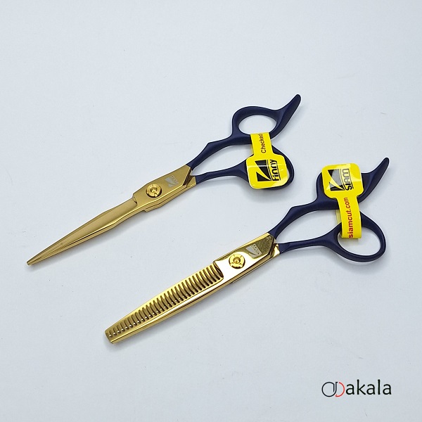ست قیچی آرایشگری P-T60-3 دسته جیر آبی صیام فینی 6 اینچ بدون شیار