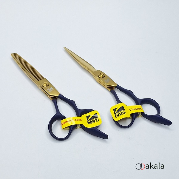 ست قیچی آرایشگری P-T60-3 دسته جیر آبی صیام فینی 6 اینچ بدون شیار