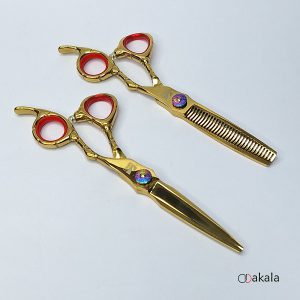 ست قیچی آرایشگری بدون شیار قدرتی 6 اینچ طلائی تم قرمز مدل A-T60-11