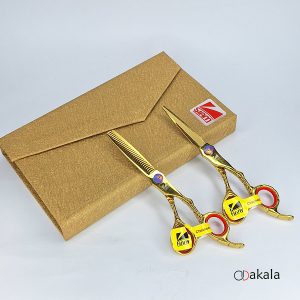 ست قیچی آرایشگری بدون شیار قدرتی 6 اینچ طلائی تم قرمز مدل A-T60-11