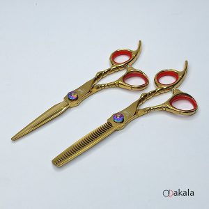 ست قیچی آرایشگری بدون شیار قدرتی 6 اینچ طلائی تم قرمز مدل A-T60-11