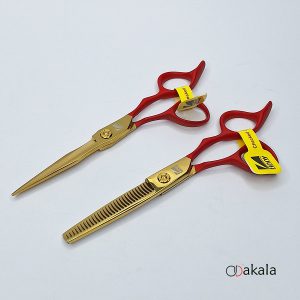 ست قیچی آرایشگری دسته جیر P-T60-4 قرمز صیام فینی 6 اینچ بدون شیار