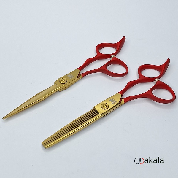 ست قیچی آرایشگری دسته جیر P-T60-4 قرمز صیام فینی 6 اینچ بدون شیار