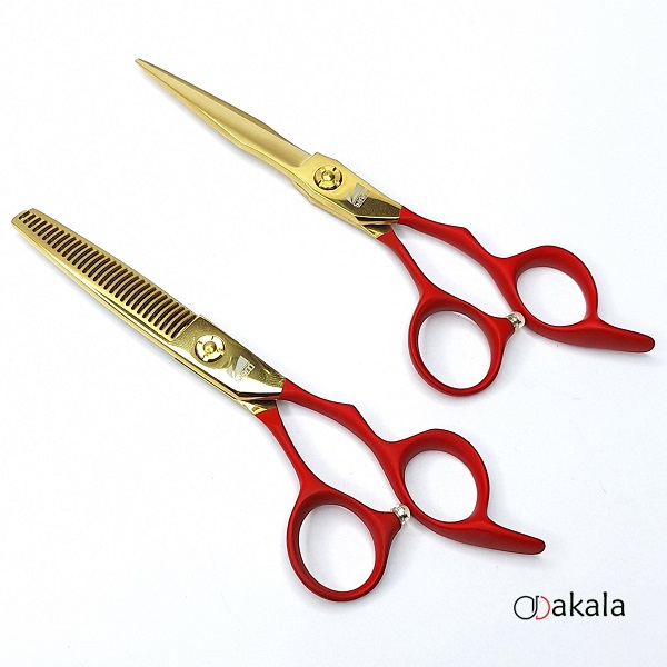 ست قیچی آرایشگری دسته جیر P-T60-4 قرمز صیام فینی 6 اینچ بدون شیار
