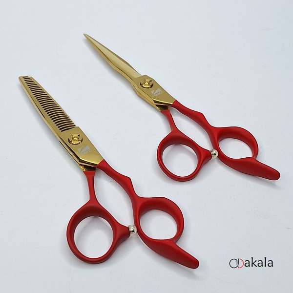 ست قیچی آرایشگری دسته جیر P-T60-4 قرمز صیام فینی 6 اینچ بدون شیار