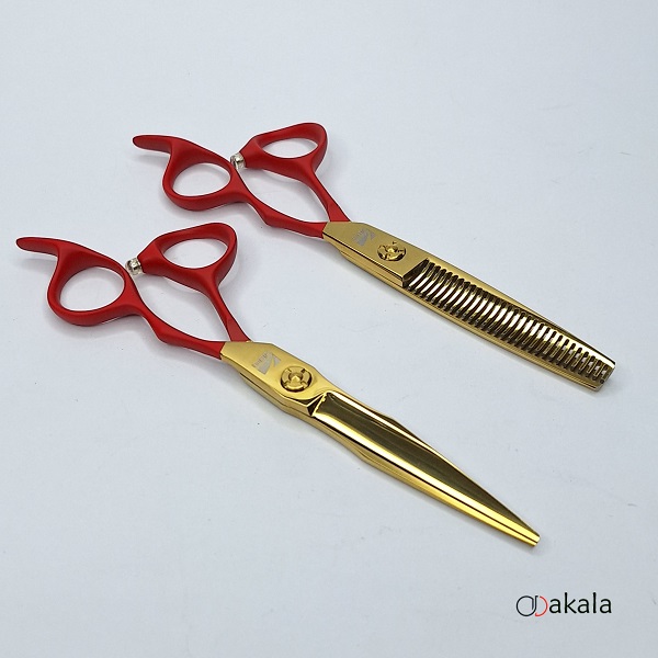 ست قیچی آرایشگری دسته جیر P-T60-4 قرمز صیام فینی 6 اینچ بدون شیار