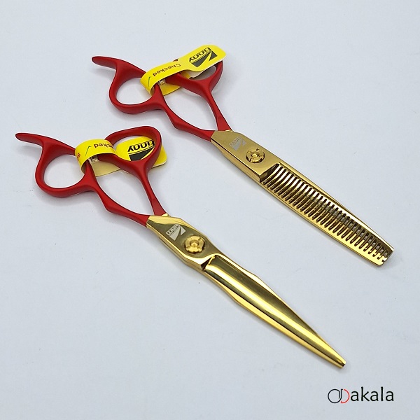 ست قیچی آرایشگری دسته جیر P-T60-4 قرمز صیام فینی 6 اینچ بدون شیار