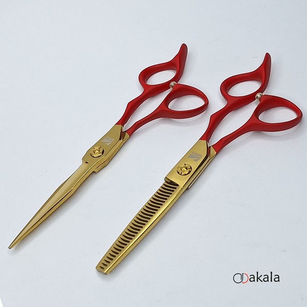 ست قیچی آرایشگری دسته جیر P-T60-4 قرمز صیام فینی 6 اینچ بدون شیار