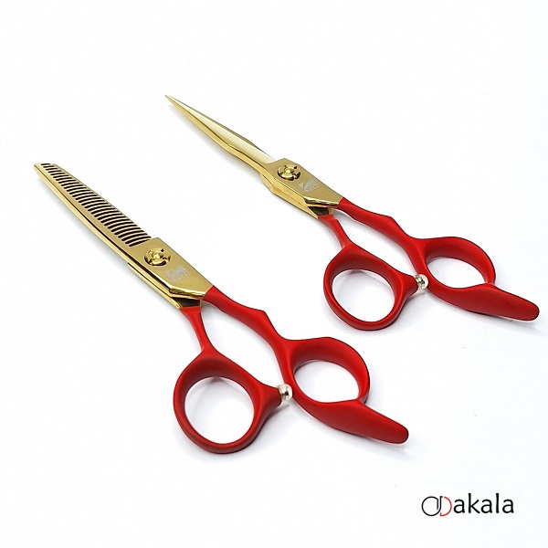 ست قیچی آرایشگری دسته جیر P-T60-4 قرمز صیام فینی 6 اینچ بدون شیار